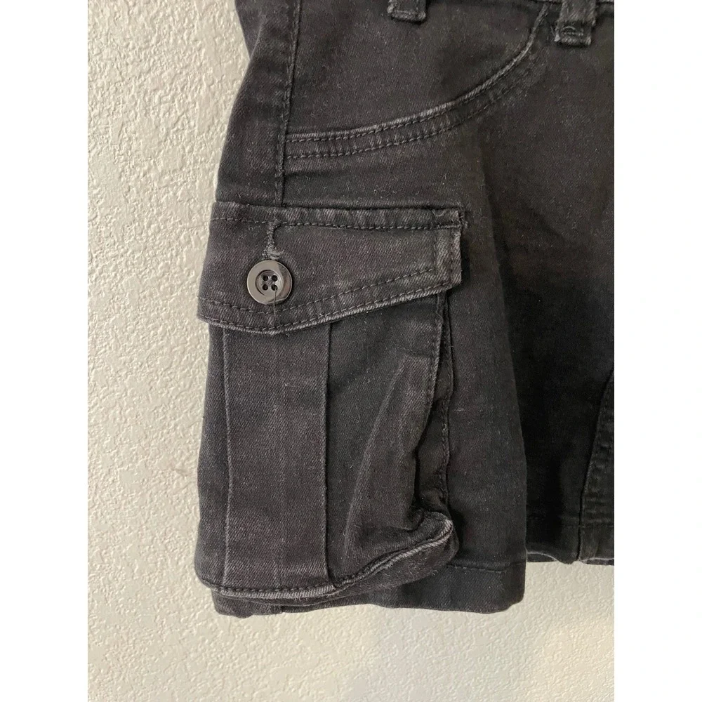 Womens Black Denim Cargo Mini Skirt Double Button Waistband Utility Pockets
